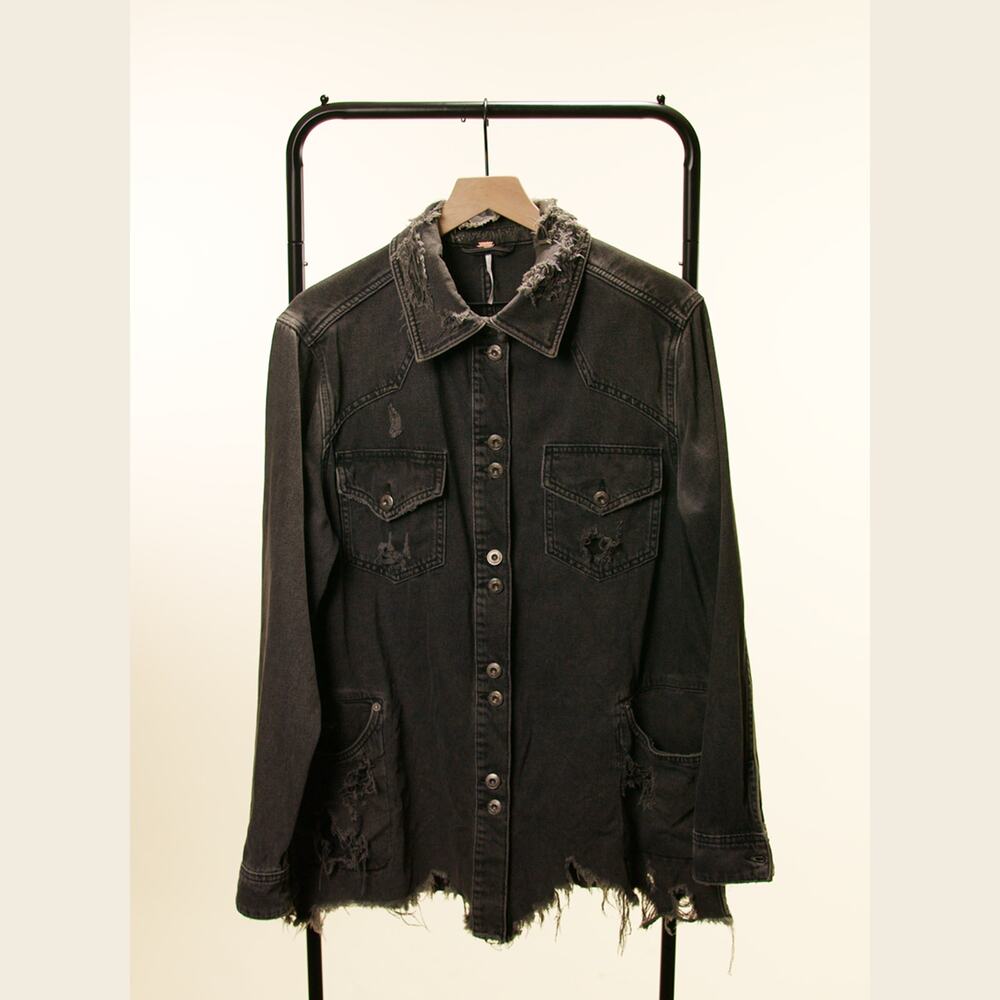 Free People Distressed Black Denim Shirt Jacket Shacket Raw Hem Grunge